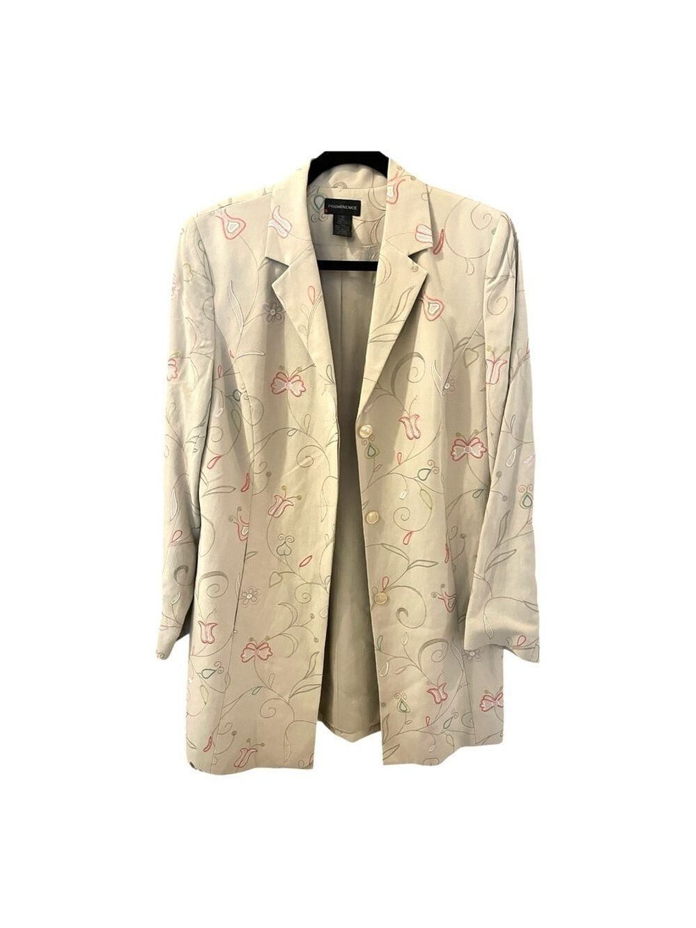 Vintage Embroidered Beige Women's Duster Jacket, Cream w/Pink & Green Accents.